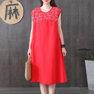 Sleeveless Floral Embroidered Paneled A-line Dress