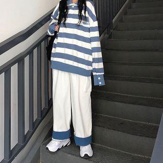 Striped Long-sleeve Top / Color-block Cargo Wide Leg Pants