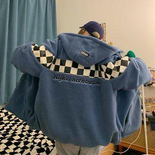 Plaid Panel Fleece Zip-up Jacket