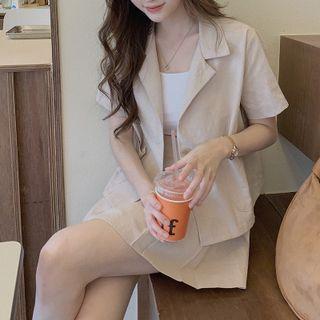 Set: Short-sleeve Open-collar Shirt + Mini A-line Skirt