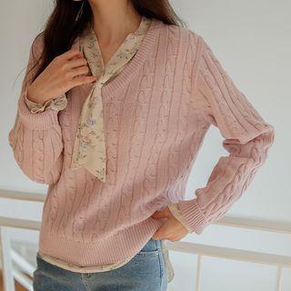 Pastel-color V-neck Cable-knit Top