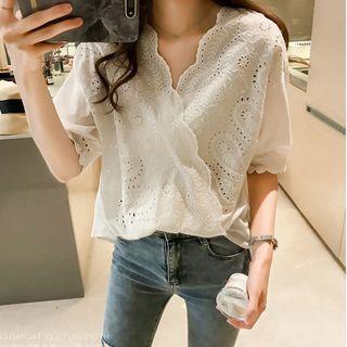 Short-sleeve V-neck Eyelet Blouse