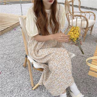 Puff-sleeve Blouse / Floral Print Midi Overall Dress