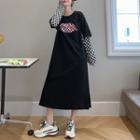 Mock Two-piece Long-sleeve Checkerboard Panel Midi T-shirt Dress