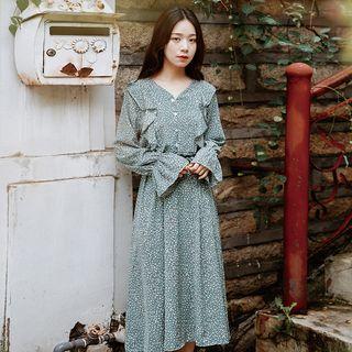 Flower Print Ruffle Long-sleeve Midi A-line Dress Green - One Size