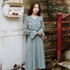 Flower Print Ruffle Long-sleeve Midi A-line Dress Green - One Size