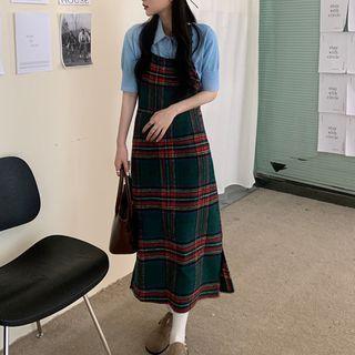 Halter-neck Plaid Midi Overall Dress