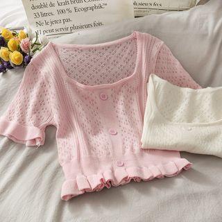 Eyelet Ruffled-trim Crop Knit Top