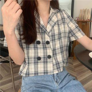 Short-sleeve Plaid Double Breasted Shirt