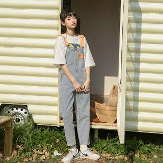 Contrast Strap Denim Straight-cut Jumper Pants