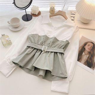 Long-sleeve Two-tone Shirt With Belt