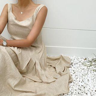 Pleated Linen Long Pinafore Dress Beige - One Size