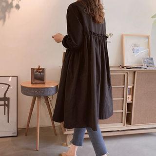 Round-neck Shirred-trim Trench Coat Black - One Size