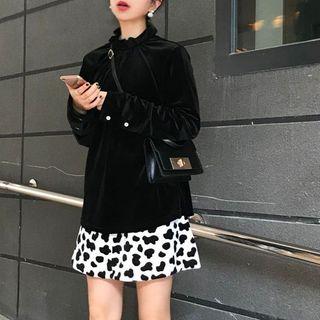 Frill-trim Velvet Blouse Black - One Size