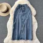 High-waist Frayed Denim Maxi Skirt