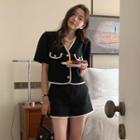 Set: Elbow-sleeve Contrast Trim Jacket + Shorts