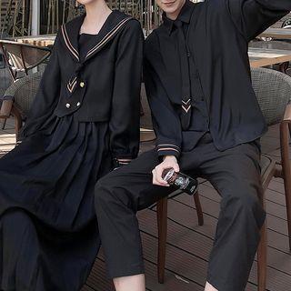 Couple Matching Contrast Trim Shirt / Sailor Collar Blouse / Tie / Midi Accordion Pleat Skirt / Set