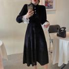 Long-sleeve Lace Trim Midi A-line Velvet Dress Black - One Size