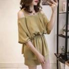 Set: Off-shoulder Elbow-sleeve Top + Plain Shorts