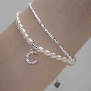 Moon Rhinestone Faux Pearl Layered Sterling Silver Bracelet 1 Pc - Silver & White - One Size