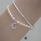 Moon Rhinestone Faux Pearl Layered Sterling Silver Bracelet 1 Pc - Silver & White - One Size