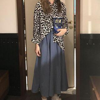 Long-sleeve Leopard Print Shirt / Midi A-line Skirt