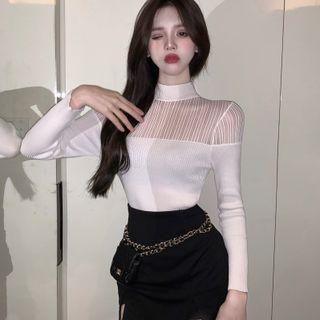 Long-sleeve Mock-neck Sheer Panel Knit Top