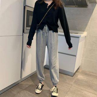 Set: Plain Knit Cardigan + Drawstring Jogger Pants