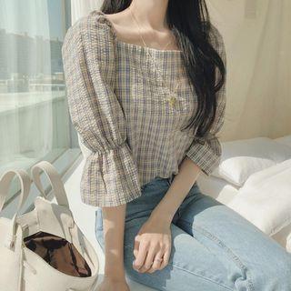Plaid 3/4-sleeve Square Neck Blouse