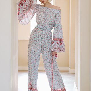Long-sleeve Off-shoulder Floral Print Wide-leg Jumpsuit