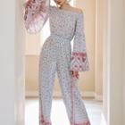 Long-sleeve Off-shoulder Floral Print Wide-leg Jumpsuit