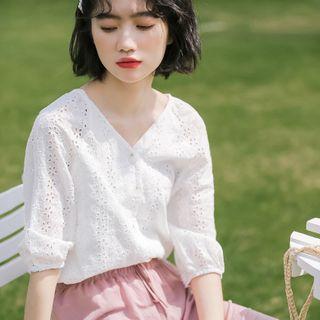 Buttoned Elbow-sleeve Eyelet Blouse