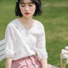 Buttoned Elbow-sleeve Eyelet Blouse