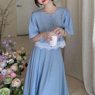 Short-sleeve Lace Trim Blouse / Midi A-line Skirt