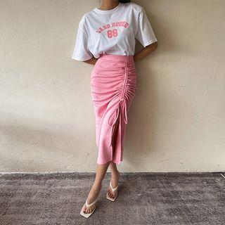 Set: Letter T-shirt + Drawstring Long Skirt Pink - One Size