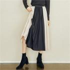 Band-waist Color-block Pleated Skirt Black - One Size