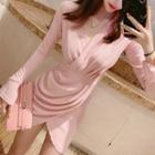 Drape-front Long-sleeve Sheath Dress
