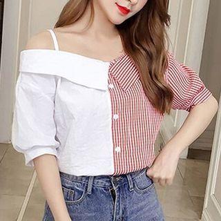 Color-block Striped Off-shoulder Short-sleeve Top