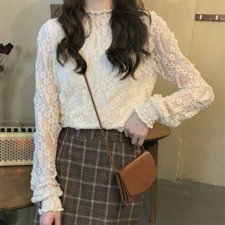 Mock-neck Lace Plain Top Almond - One Size