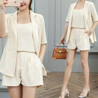 Set: Chiffon Camisole Top + Short-sleeve Double-breasted Blouse + Shorts