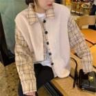 Mock Two-piece Plaid Shirt Panel Fleece Jacket Almond - One Size