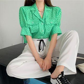 Front Pocket Dotted Crop Blouse / Drawstring Waist Straight Leg Pants