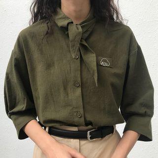 Elbow-sleeve Tie-neck Shirt