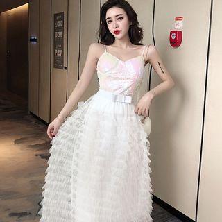 Set: V-neck Sequined Camisole Top + Mesh Maxi Tiered Skirt White - One Size