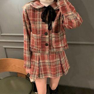 Cropped Plaid Button Coat / Mini A-line Skirt