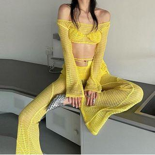 Set: Plain See-through Long-sleeve Cropped Top + Plain See-through Pants