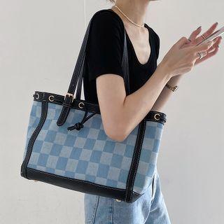 Plaid Denim Tote Bag Blue - One Size