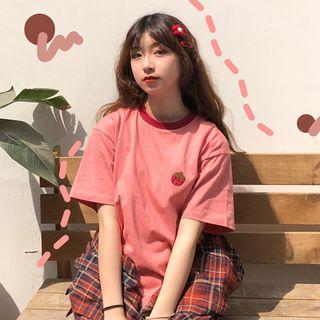 Elbow-sleeve Strawberry Embroidered T-shirt Pink - One Size