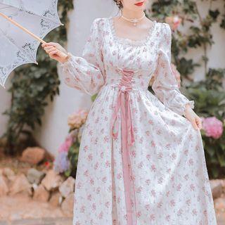 Lantern-sleeve Lace-up Floral Midi A-line Dress
