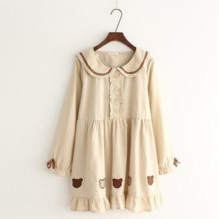 Bear Embroidered Collared Long Sleeve Dress
